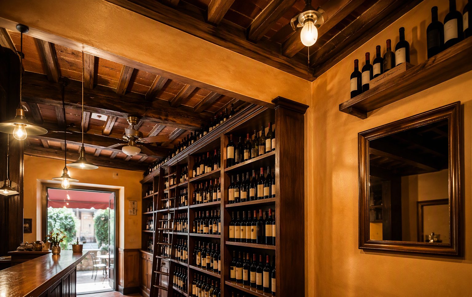Il banco con la parete dei vini